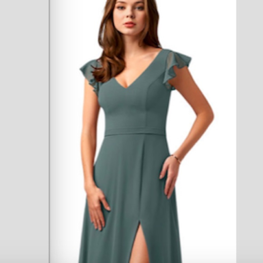 Azazie Claudine V neck chiffon thigh slit bridesmaid dress